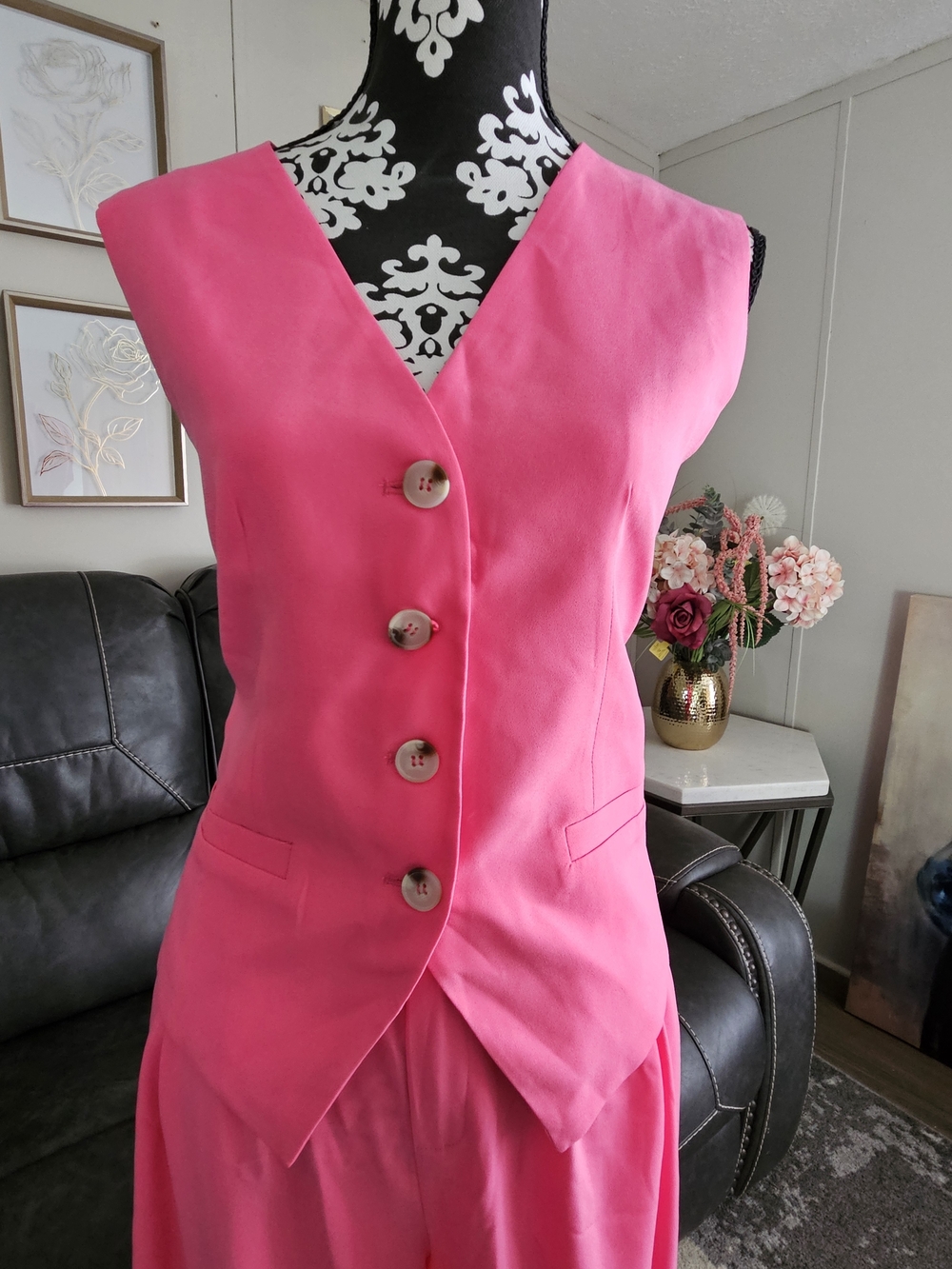 Bright Pink Sleeveless Button Front Vest